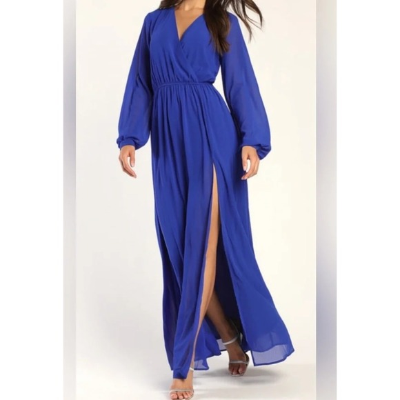Lulus Dresses & Skirts - Lulus Maxi Dress XL Royal Blue Long Sleeve Chiffon Formal Wedding Guest Flowy